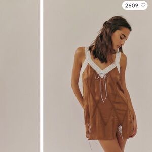 Free People Brown and White Lace Trim Tunic